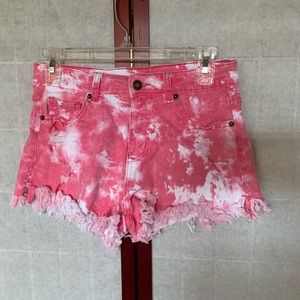 Women's Distressed Jean Shorts / Hot Pants Denim Pink Mid Waist Tie Dye, M
